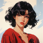 Intricate digital artwork of a woman with stylized black hair and red collar on golden geometric backdrop