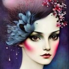 Ethereal female portrait with large eyes and blue flower headdress