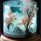 Three-Dimensional Mountain Landscape Cake with Cherry Blossoms and Tree