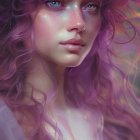 Digital Art: Woman with Purple Curly Hair and Luminescent Freckles