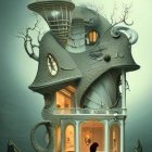 Fantasy house with organic structure and balloon tower against green backdrop