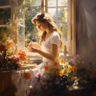 Woman in elegant dress surrounded by flowers and sunlight by window