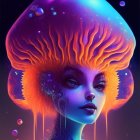 Colorful digital artwork of a woman with jellyfish-inspired canopy and floating orbs