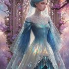 Pale-skinned fantasy character in silver and blue gown near ornate doorway among purple foliage