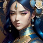 Illustration of Woman with Blue Hair, White Flowers, Pearls, Gold Jewelry, and Blue Gar