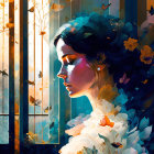 Woman blending with vibrant nature scene: butterflies, flowers, autumn trees through window