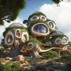 Fantastical Treehouse with Pod-Like Structures and Circular Windows