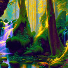 Lush fantasy forest with waterfalls, glowing trees, and colorful flora