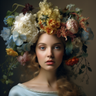 Fantastical portrait of woman with floral headdress and butterflies