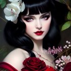 Digital artwork: Woman with porcelain skin, black hair, traditional attire, vibrant flowers