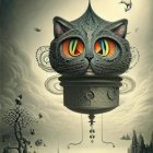 Whimsical giant cat head-shaped building with ornate designs under cloudy sky and surreal architecture