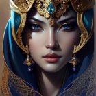 Ethereal woman with golden headdress and gemstones in vivid cloak