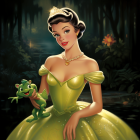 Regal woman in golden gown with crown and lily, golden frog in lush greenery