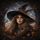 Illustration of witch with flowing hair, hat, autumn leaves, and mystical patterns.