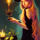 Long-haired woman in witch's hat with goblet, autumn leaves, and potion bottles by candlelight