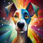 Vibrant portrait of a multicolored fur dog against vivid circles