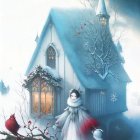 Child in winter clothes by teapot-shaped snow house with birds in snowy scene