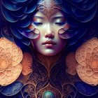 Colorful digital artwork: Serene face with floral elements and blue botanical patterns