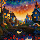 Colorful Whimsical Village with Starry Sky, Cozy Houses, Bridge, and Red Flowers