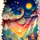 Layered Paper Art: Starry Night Sky with Moon, Hills, Cottages, Mountains,