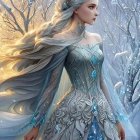 Ethereal woman with feather-like wings in frost-kissed forest