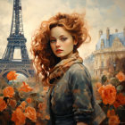 Digital portrait of fashionable woman in hat and leather jacket against Parisian backdrop.