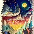 Illustration: Whimsical magical village under starry sky & celestial bodies