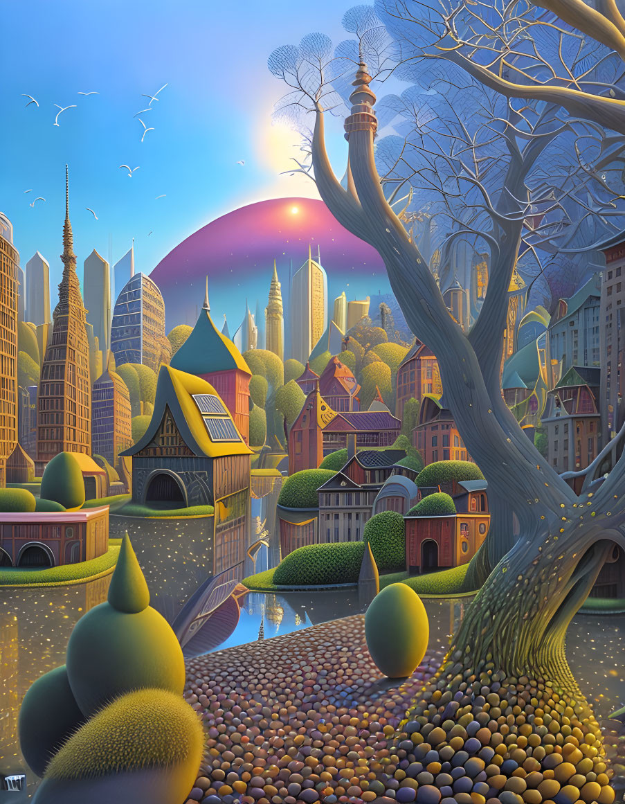 Colorful cityscape with fantastical buildings, tree, cobblestone path, and day-to-night