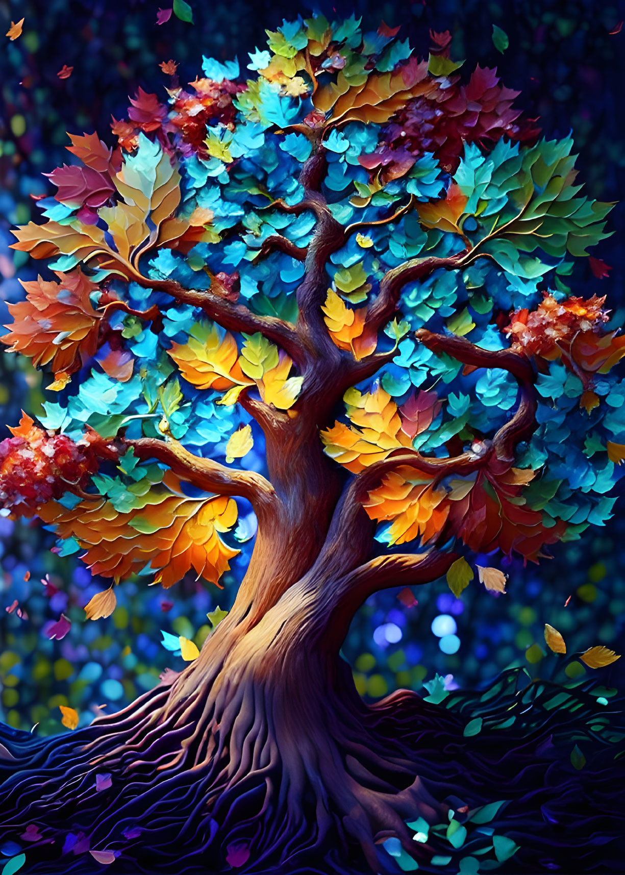 Colorful whimsical tree art on mystical blue background