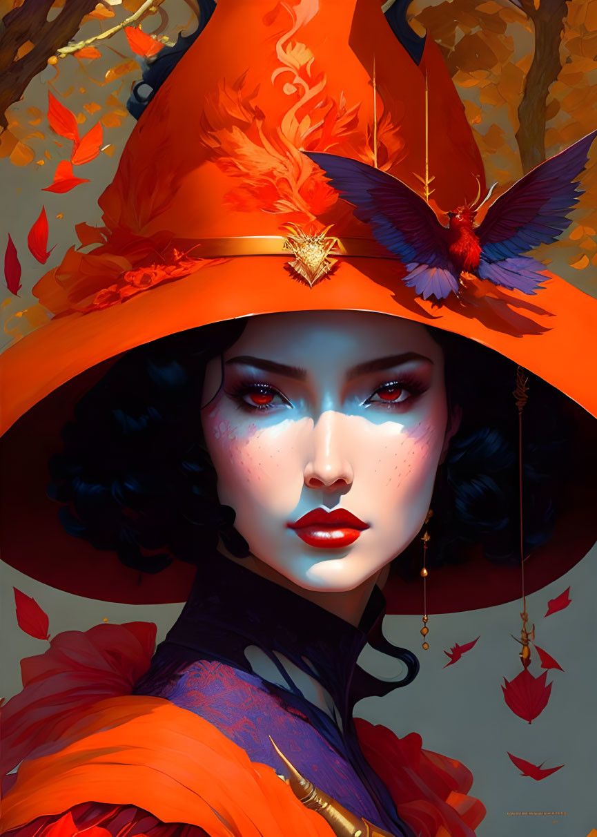 Woman in Red Hat with Autumn Leaves and Bird, Striking Makeup, Freckles, Earrings