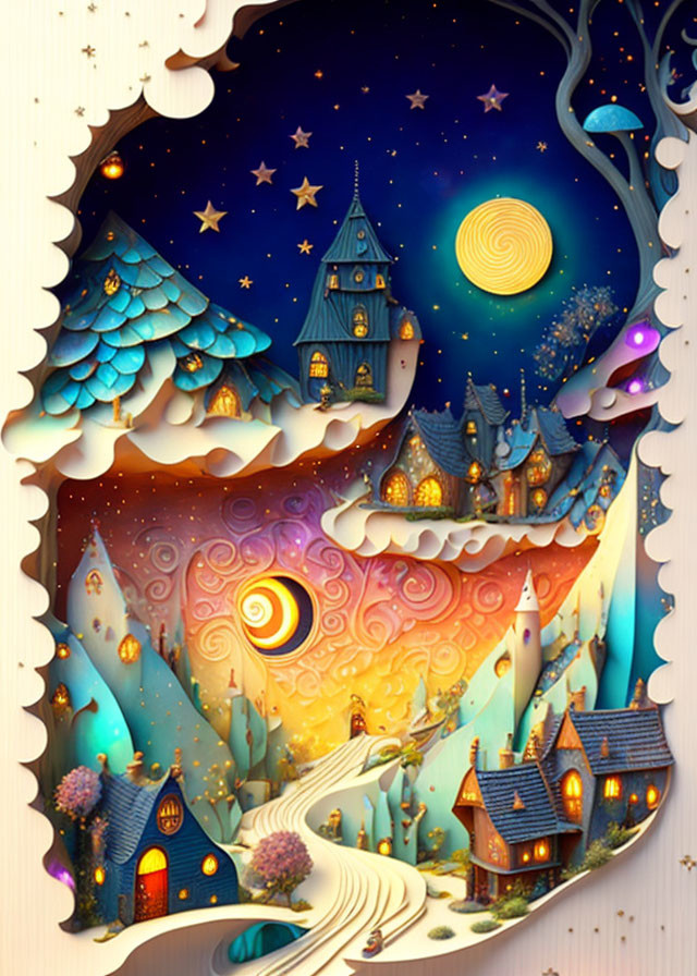 Illustration: Whimsical magical village under starry sky & celestial bodies