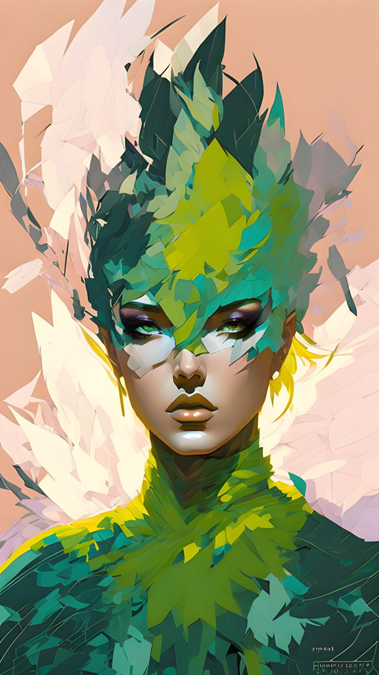 Digital artwork: Person with leaf crown in green, yellow, white hues on peach.