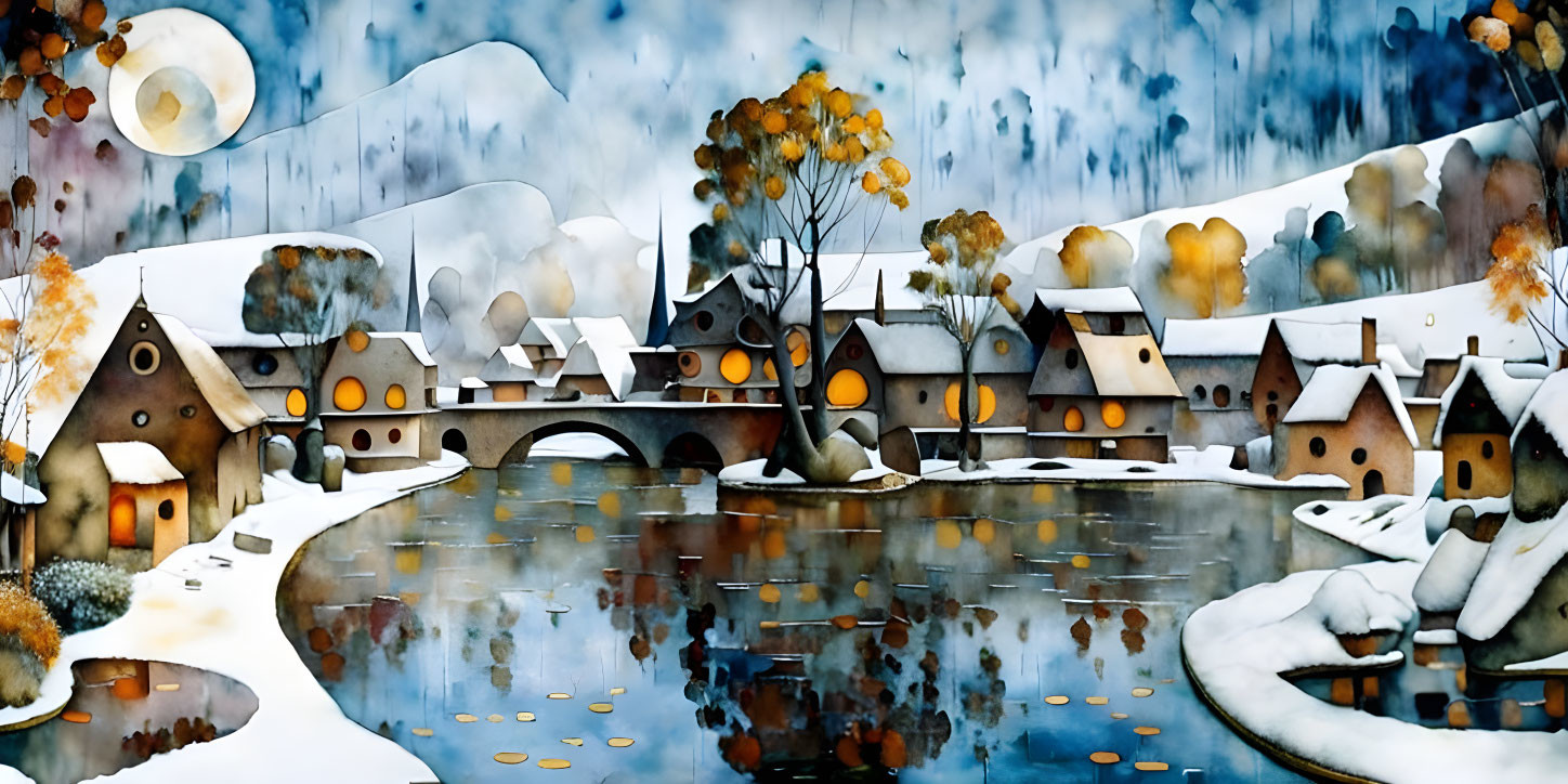 Snow-covered village in winter: cozy homes, serene river, mountain backdrop.