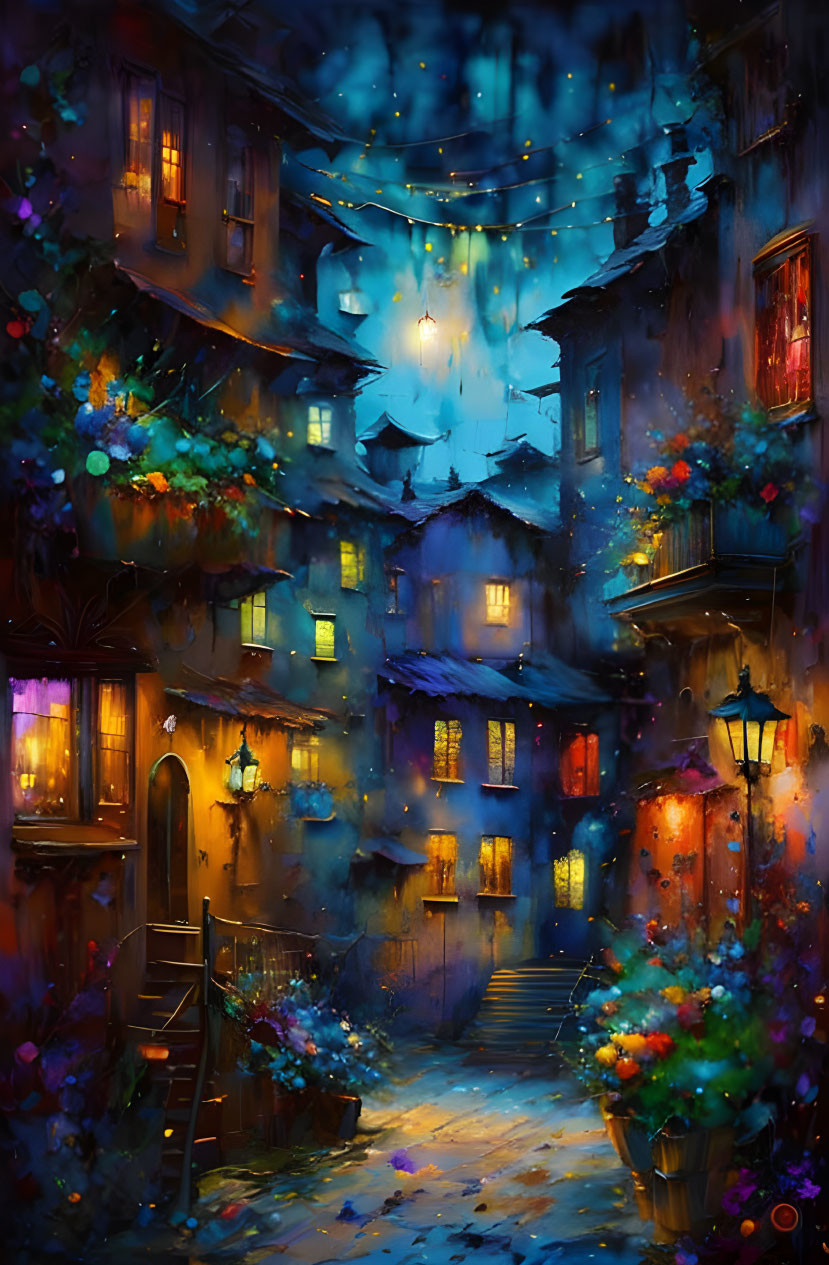 Vibrant night alley with glowing lights and colorful flowers