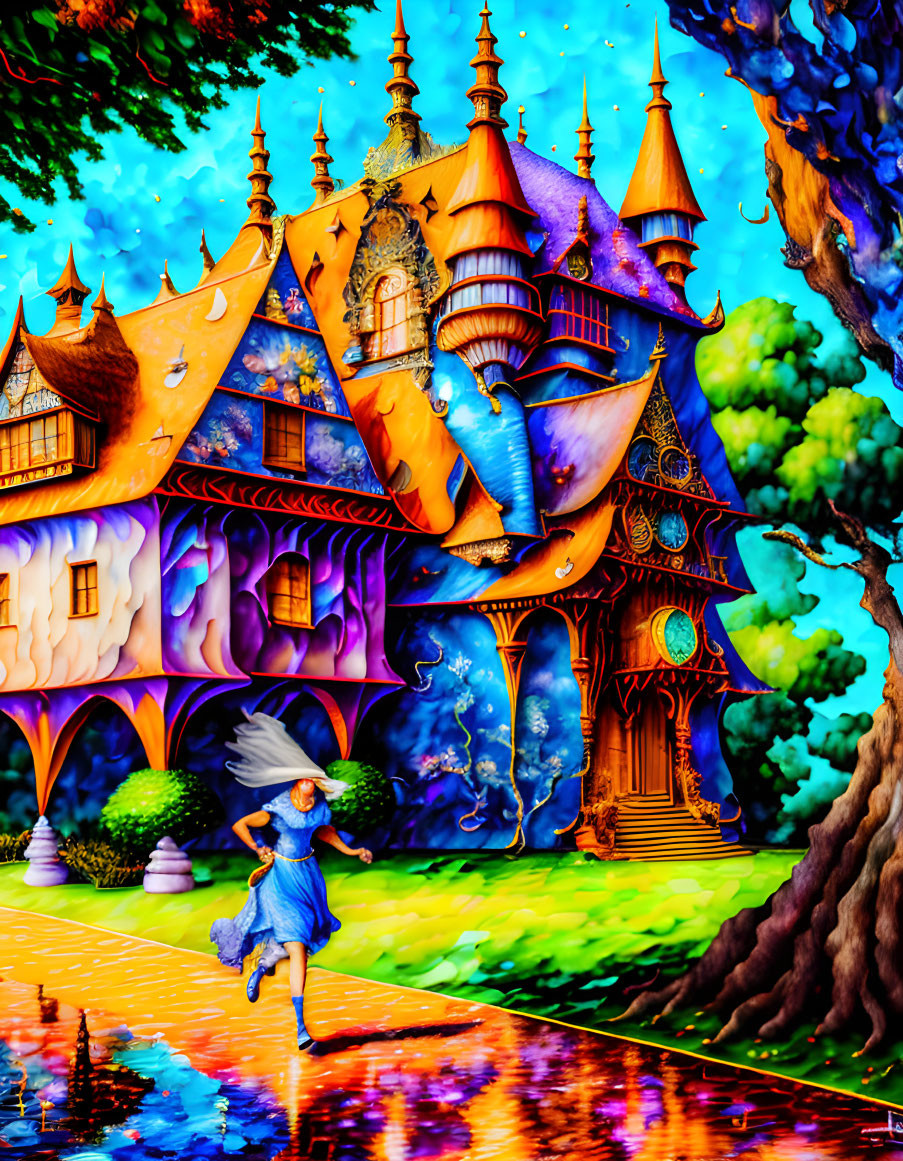 Whimsical painting: Girl in blue dress dancing by fairytale castle