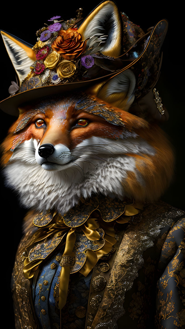 Anthropomorphic fox in elegant attire with detailed hat and golden neckpiece