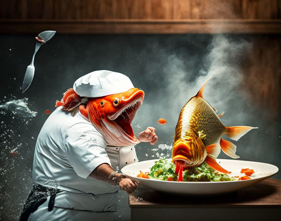 Surprised chef with jumping fish and flying vegetables on sizzling plate