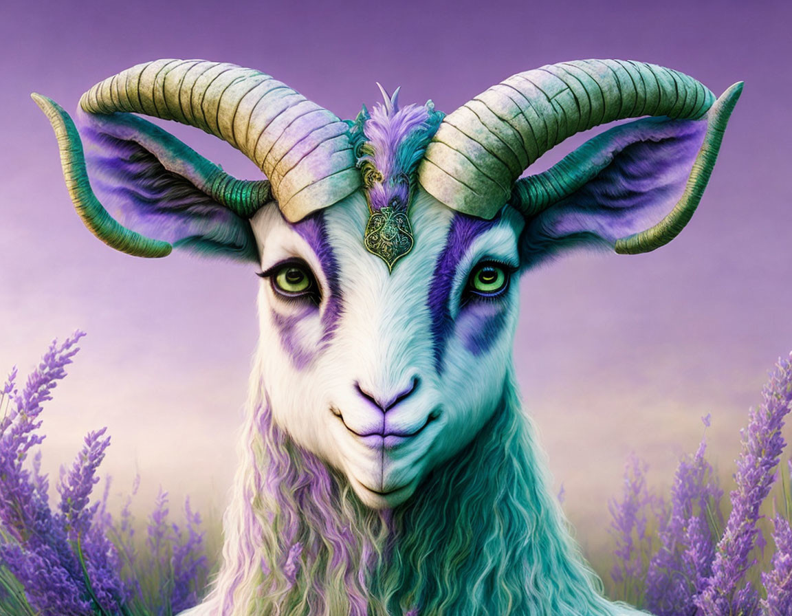 Detailed Goat Illustration with Large Spiral Horns and Purple Tones