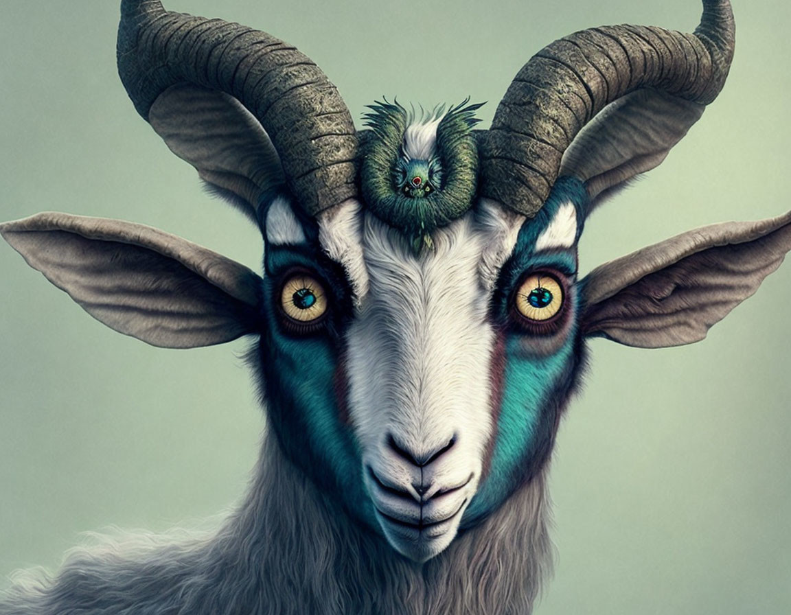 Vibrant surreal illustration of goat with blue and green facial markings and owl perched between horns