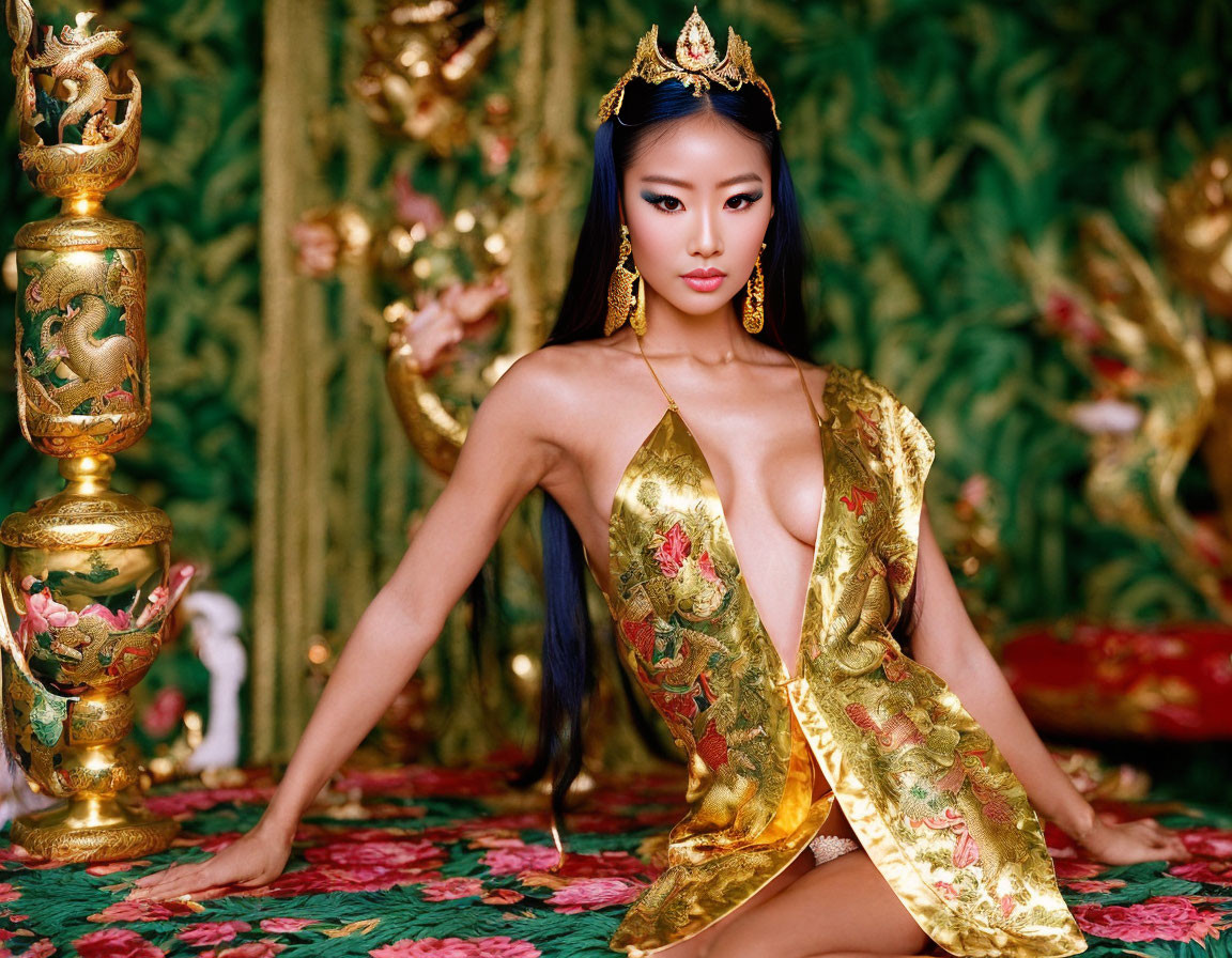 Traditional Asian-inspired woman in gold outfit against rich backdrop