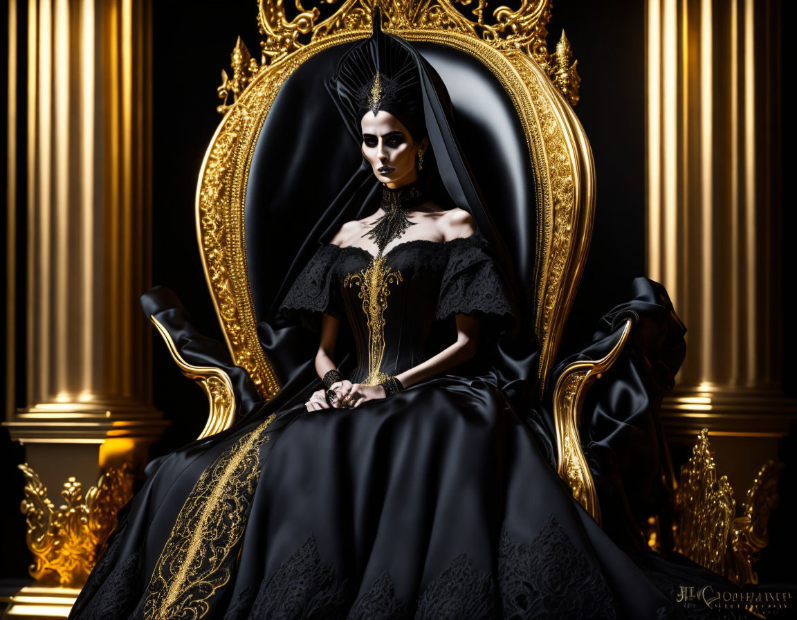 Regal woman in black gown on golden throne