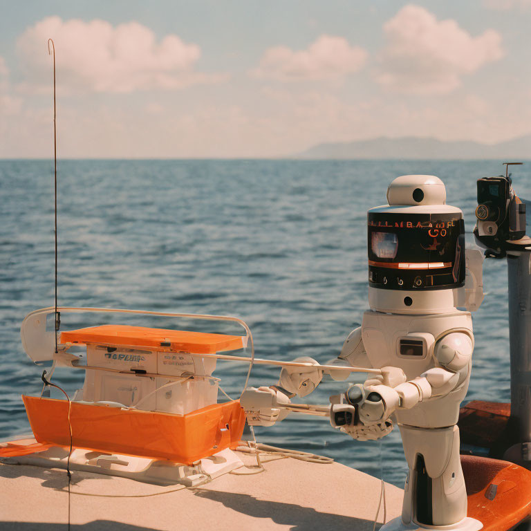 Robot with fishing rod on small orange boat in calm sea