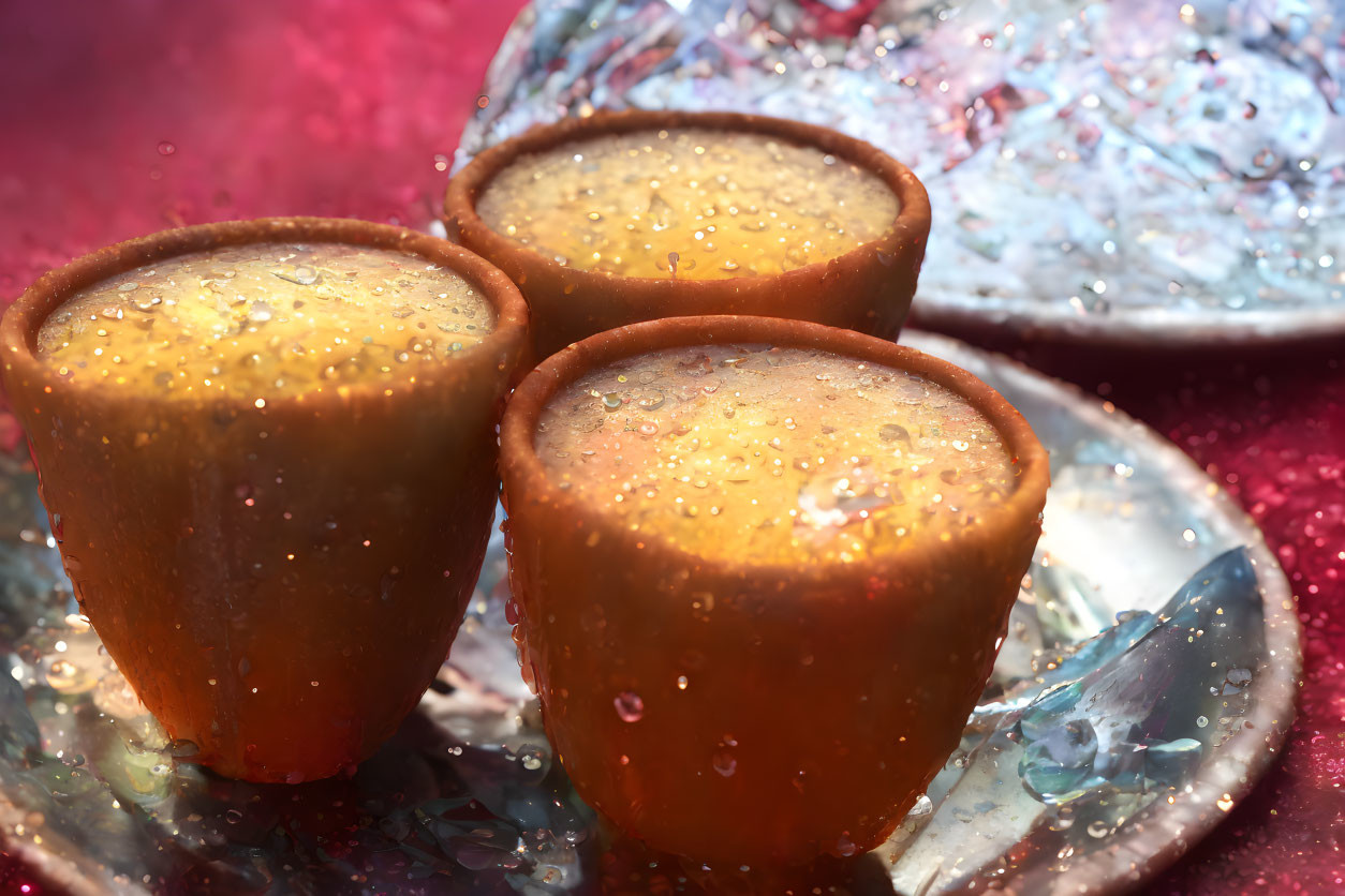 Three clay cups with liquid on reflective surface