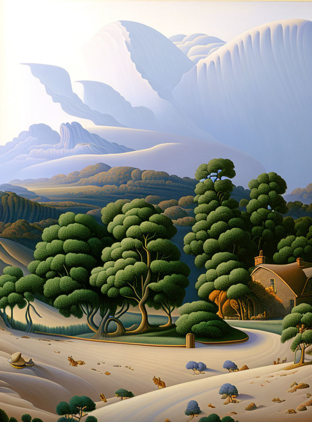 Stylized landscape with green trees, house, animals under blue waves