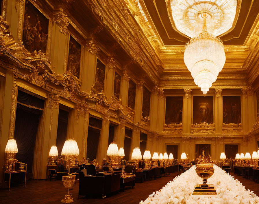 Luxurious Golden Banquet Hall with Chandeliers and Paintings