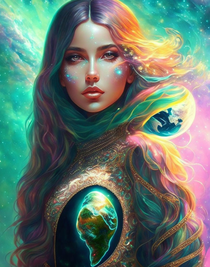 Vibrant digital artwork: Woman with flowing hair in cosmic scene