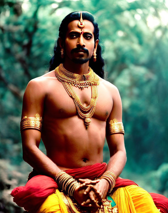 Traditional Indian attire man in serene forest setting