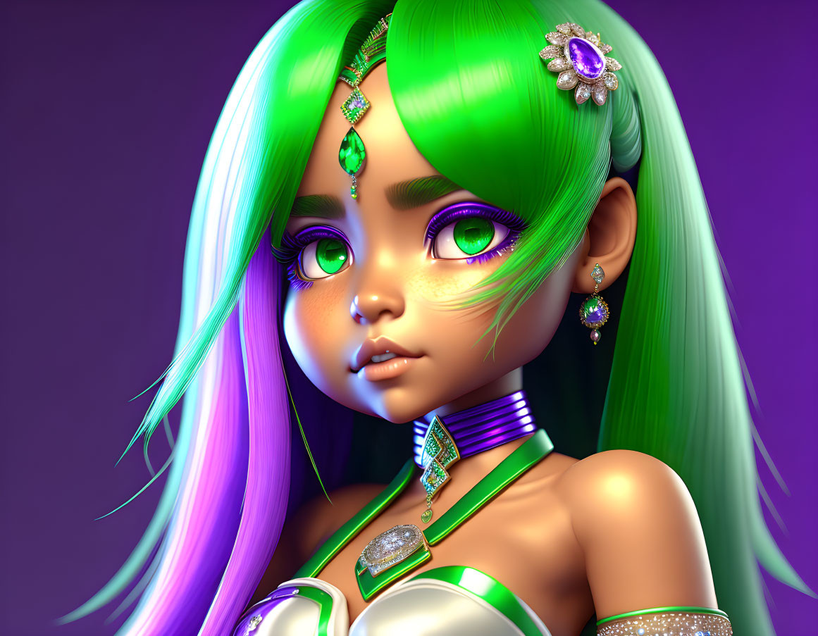 Vibrant 3D illustration of a girl with green hair and purple eyes surrounded by jewels on