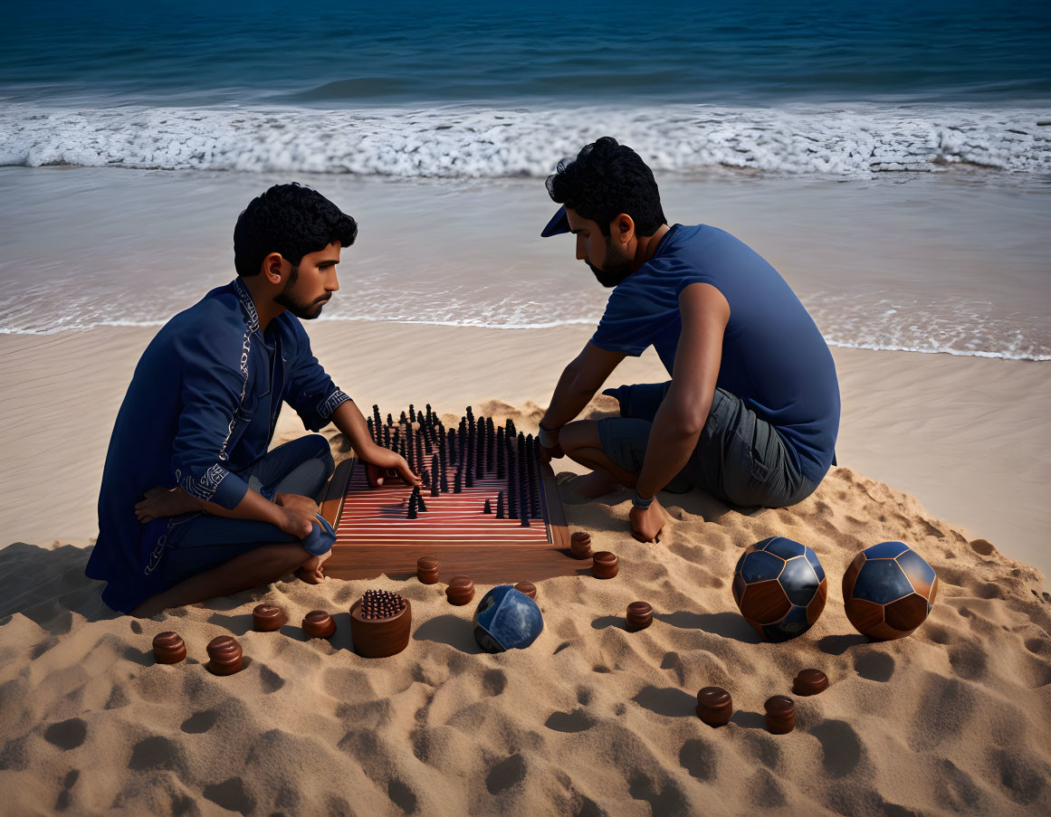Beach scene with two people playing large board game