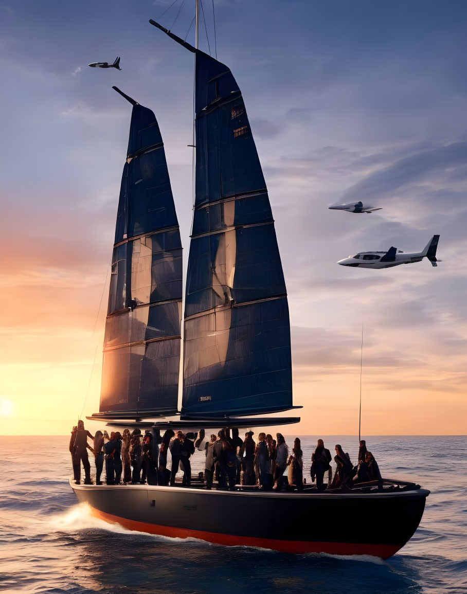 Luxury sailing yacht with guests and helicopter at sunset